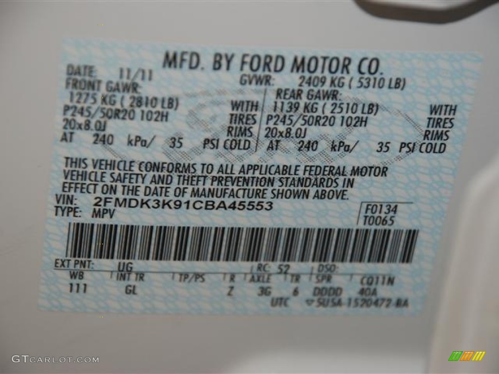 2012 Edge Color Code UG for White Platinum Metallic Tri-Coat Photo #57435932