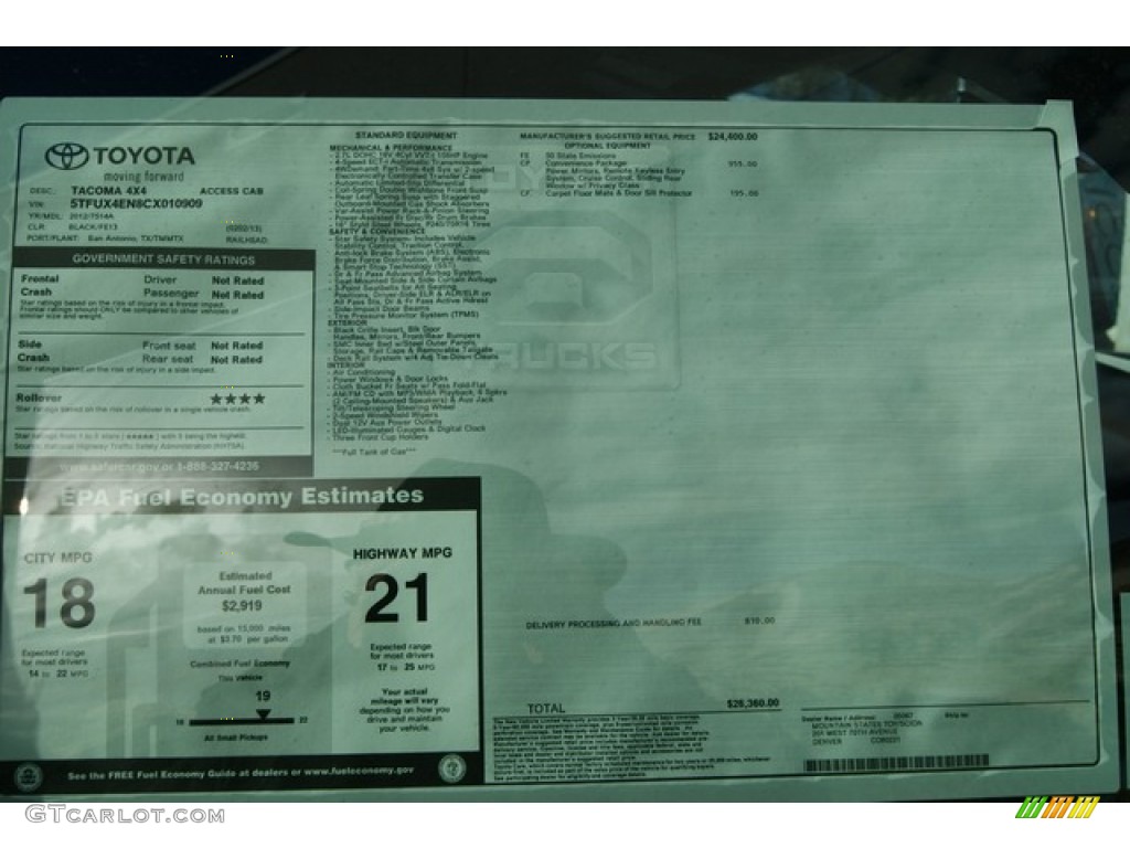 2012 Toyota Tacoma Access Cab 4x4 Window Sticker Photos