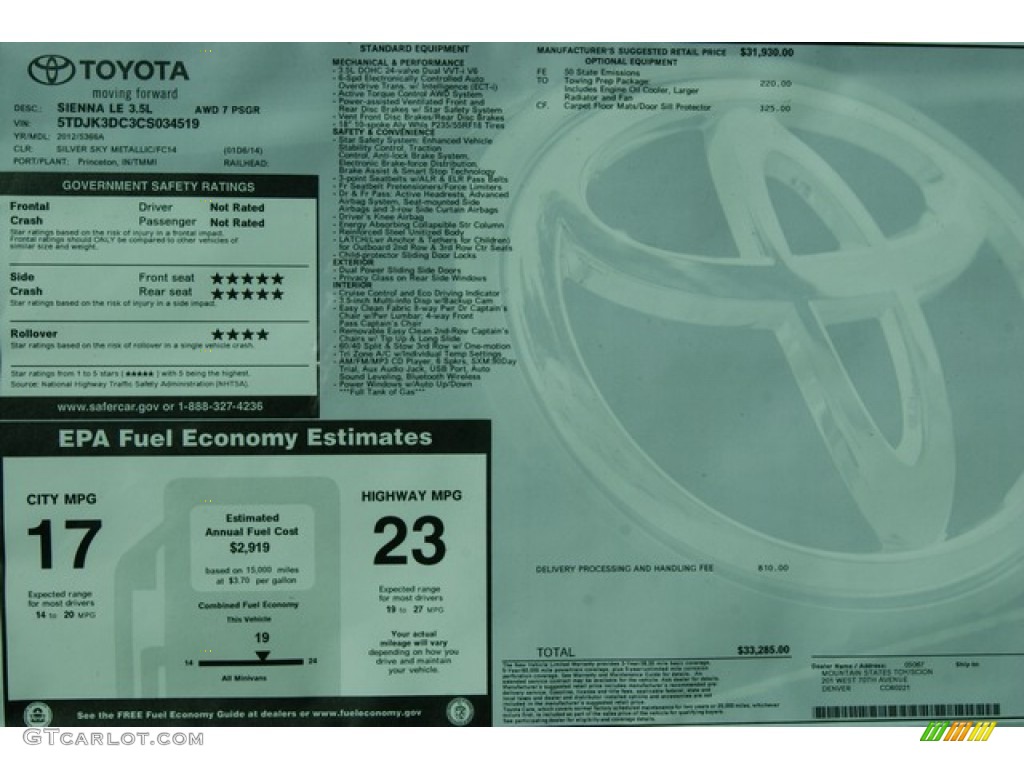 2012 Toyota Sienna LE AWD Window Sticker Photo #57437576