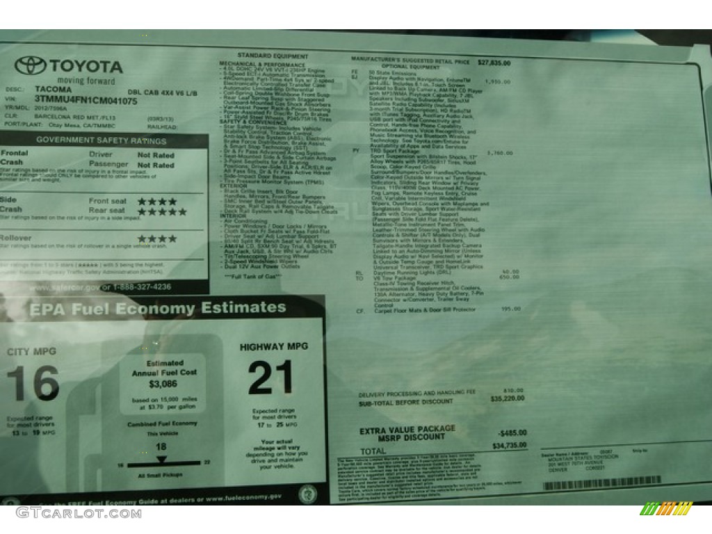 2012 Toyota Tacoma V6 TRD Sport Double Cab 4x4 Window Sticker Photo #57438416