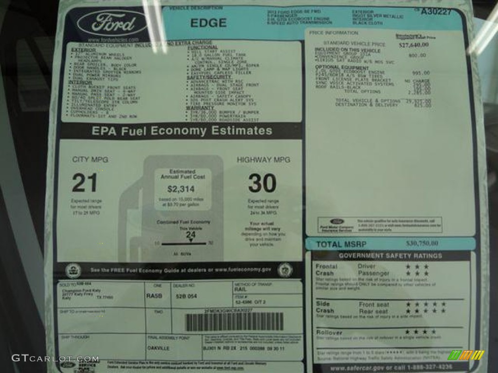 2012 Ford Edge SE EcoBoost Window Sticker Photo #57438449