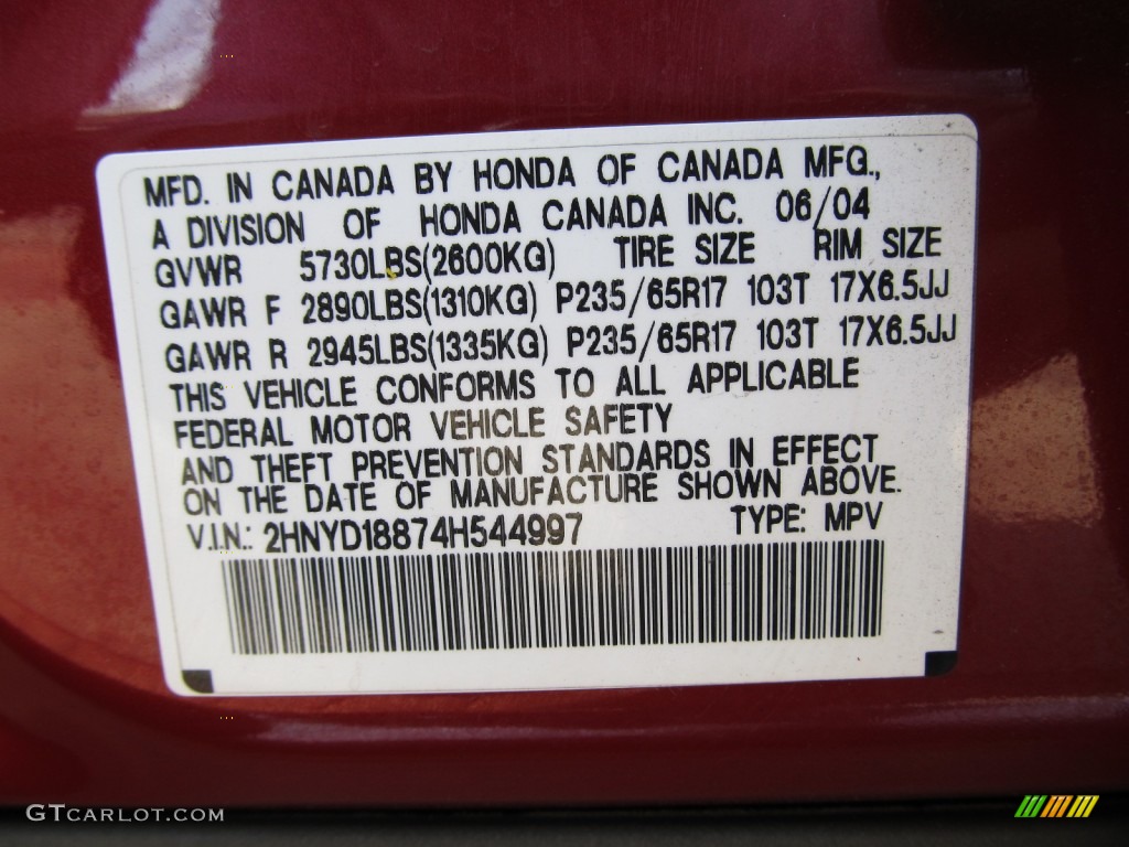 2004 Acura MDX Standard MDX Model Info Tag Photo #57444434