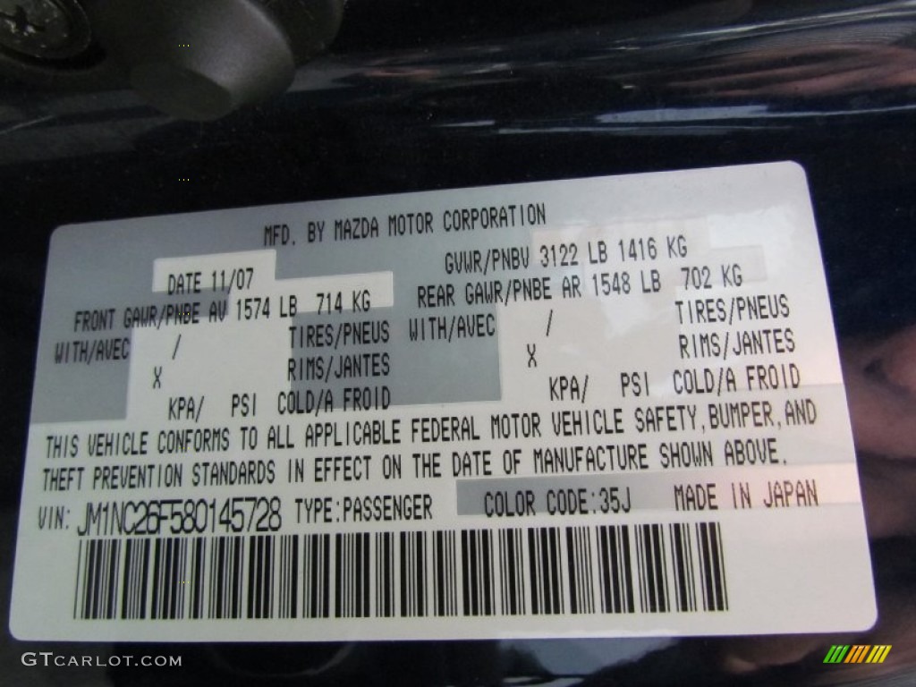 2008 MX-5 Miata Color Code 35J for Stormy Blue Mica Photo #57447567