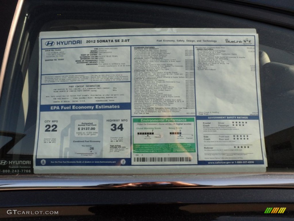 2012 Hyundai Sonata SE 2.0T Window Sticker Photo #57480049