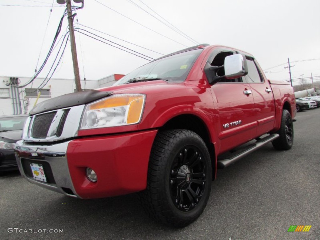 2008 Titan LE Crew Cab 4x4 - Red Alert / Charcoal photo #1