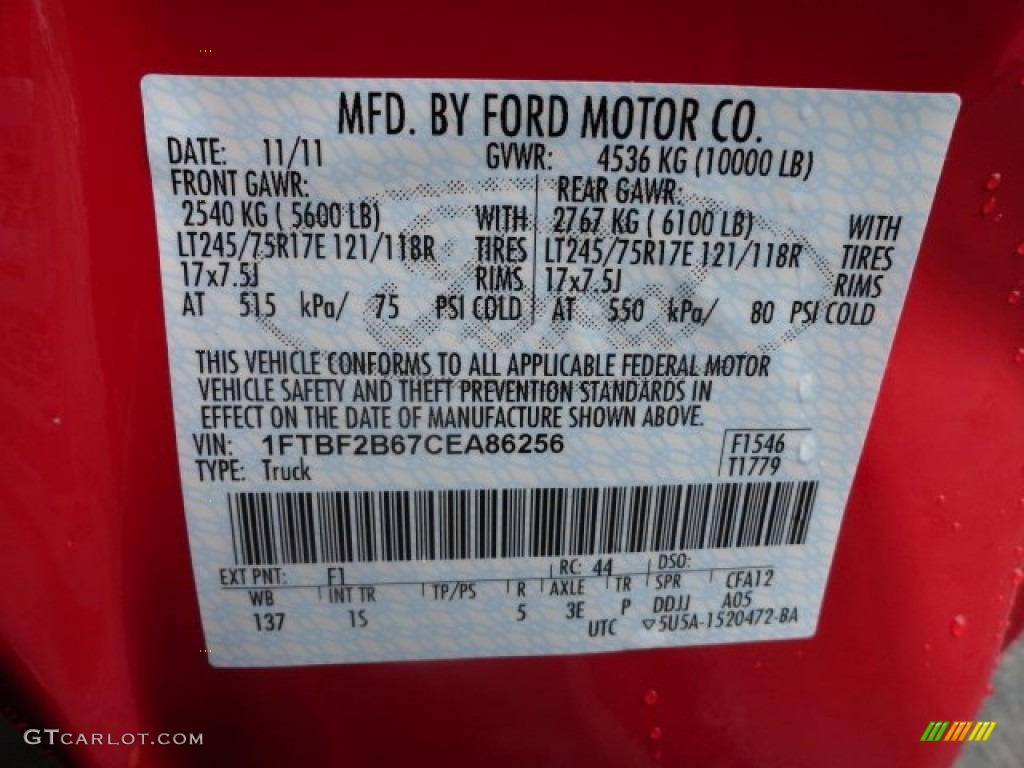 2012 F250 Super Duty XL Regular Cab 4x4 - Vermillion Red / Steel photo #14