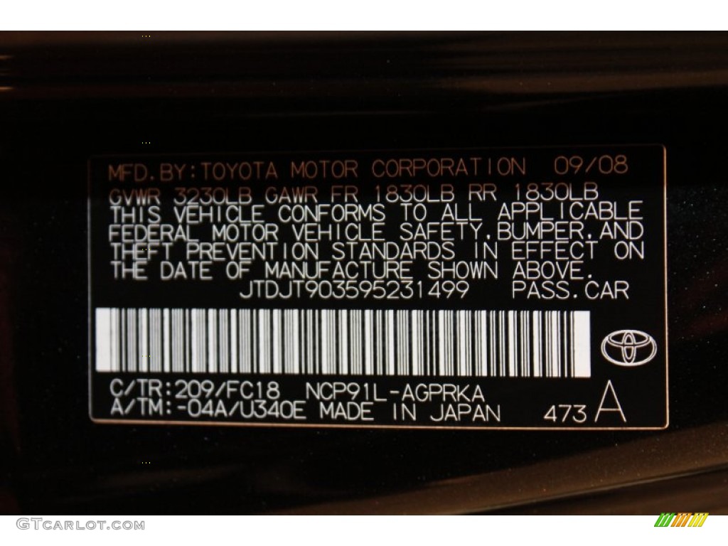 2009 Yaris Color Code 209 for Black Sand Pearl Photo #57495634