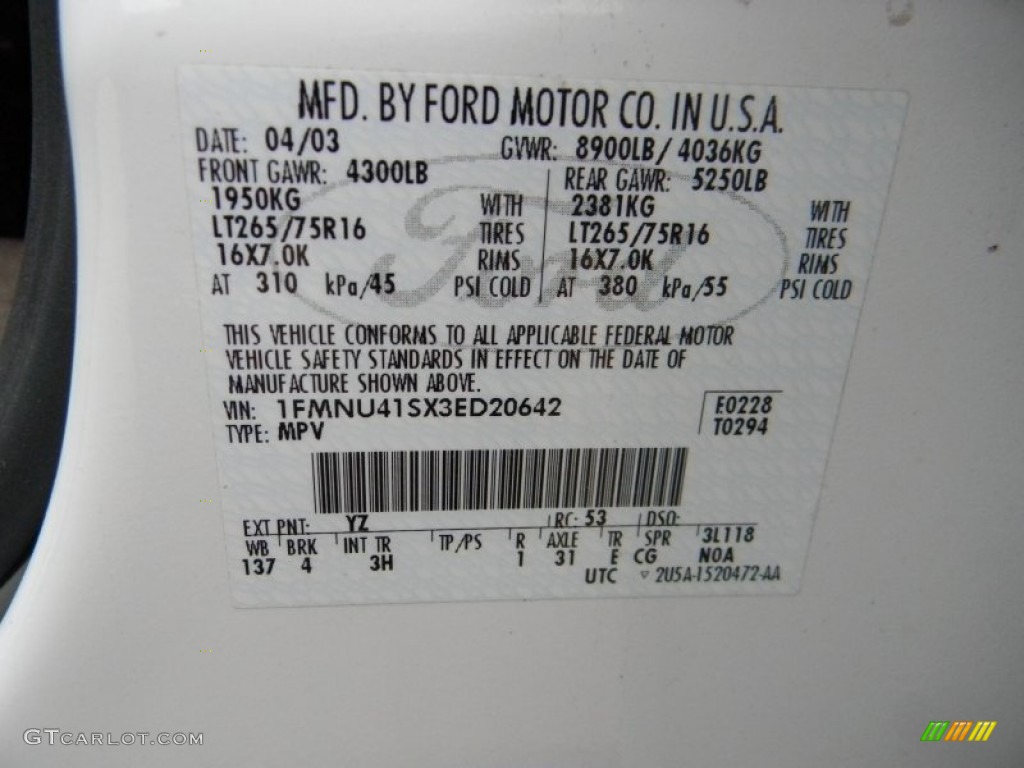 2003 Ford Excursion XLT 4x4 Color Code Photos