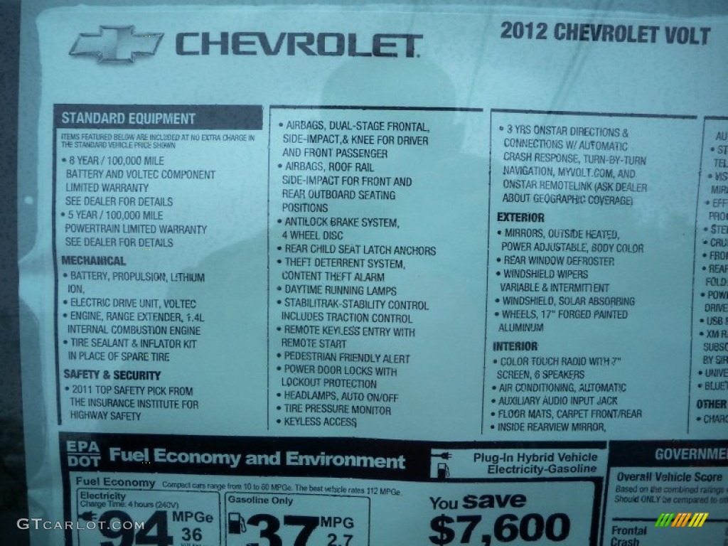 2012 Chevrolet Volt Hatchback Window Sticker Photo #57500915