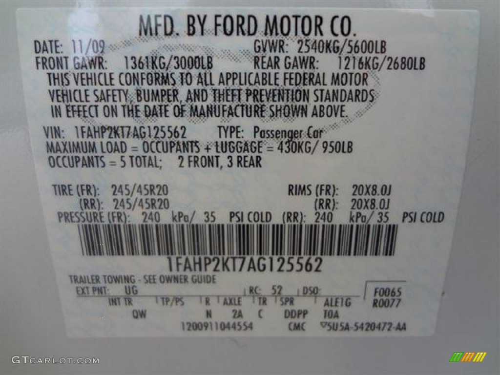 2010 Taurus Color Code UG for White Platinum Metallic Tri-Coat Photo #57502880