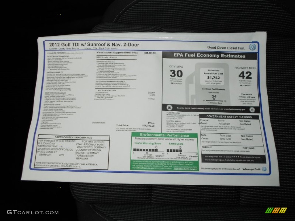 2012 Volkswagen Golf 2 Door TDI Window Sticker Photo #57503073