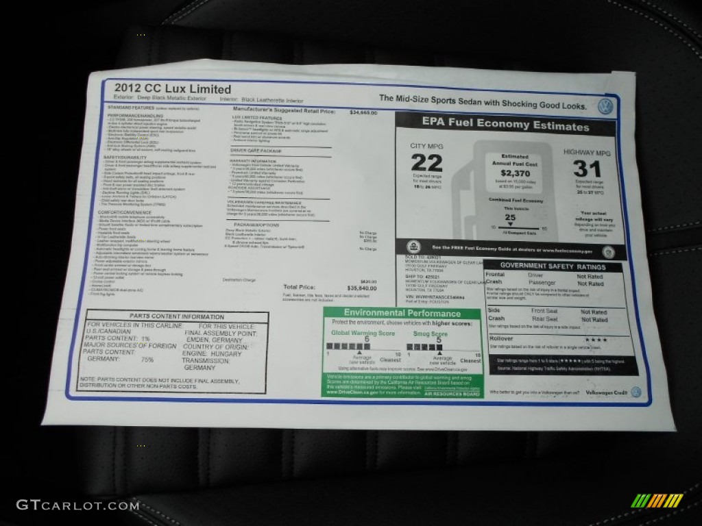 2012 Volkswagen CC Lux Limited Window Sticker Photo #57504632