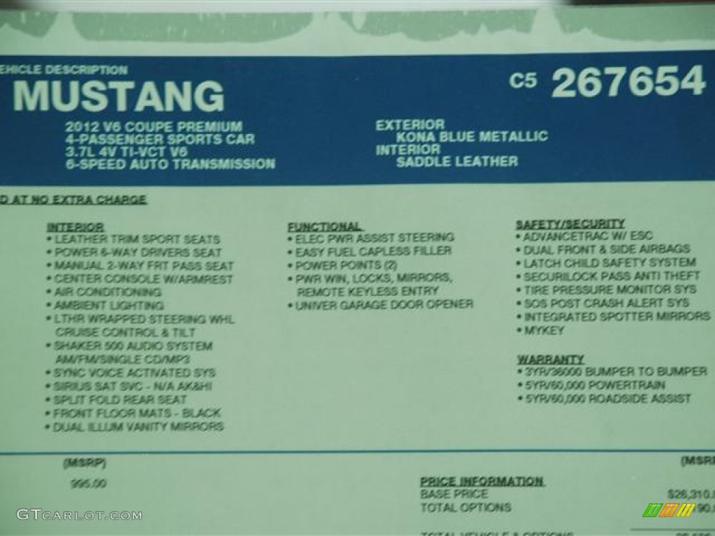 2012 Mustang V6 Premium Coupe - Kona Blue Metallic / Saddle photo #22