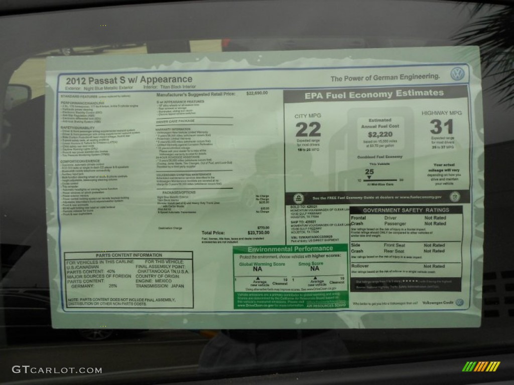 2012 Volkswagen Passat 2.5L S Window Sticker Photo #57505444