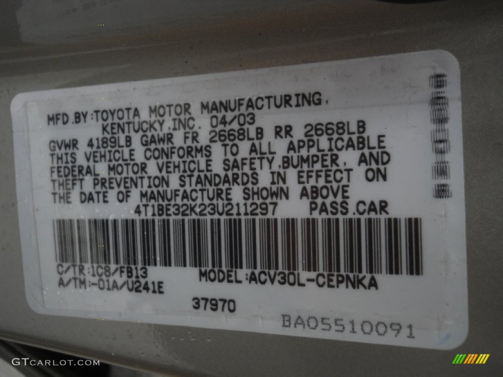 2003 Camry Color Code 1C8 for Lunar Mist Metallic Photo #57518893