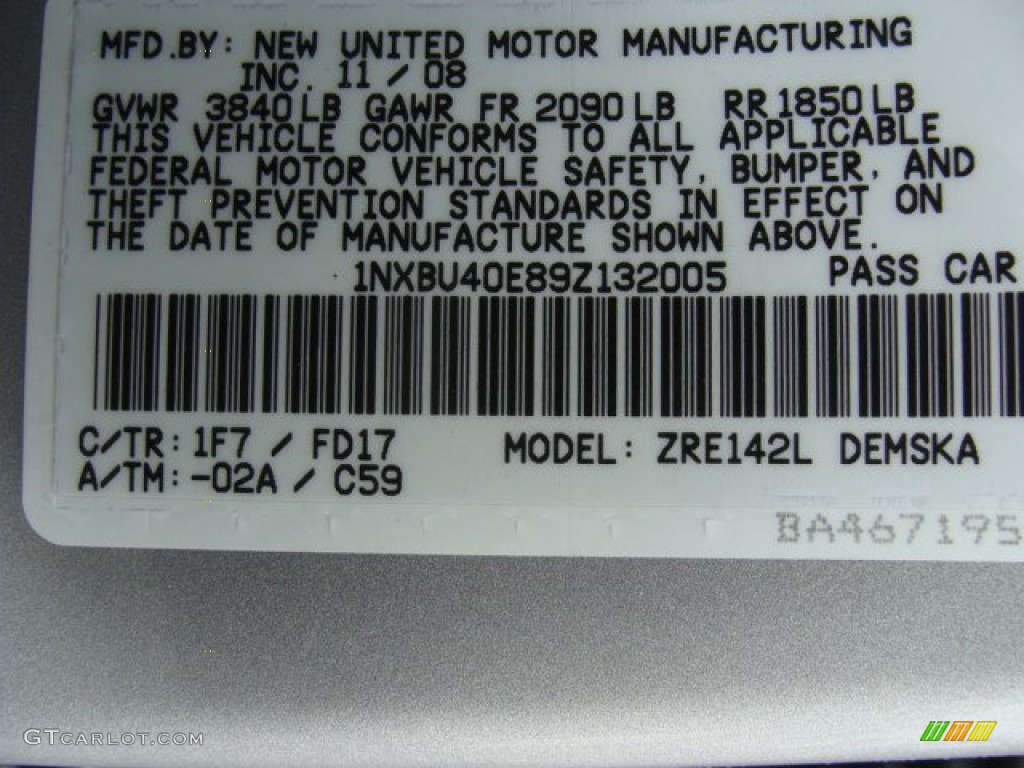 2009 Corolla Color Code 1F7 for Classic Silver Metallic Photo #57533491