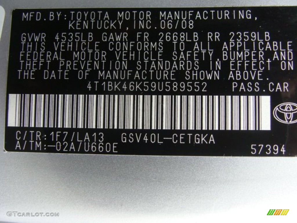 2009 Camry Color Code 1F7 for Classic Silver Metallic Photo #57533752
