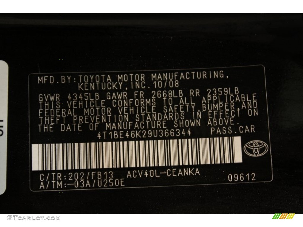 2009 Camry Color Code 202 for Black Photo #57534188