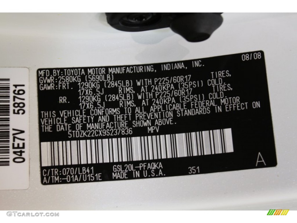 2009 Toyota Sienna Limited Color Code Photos