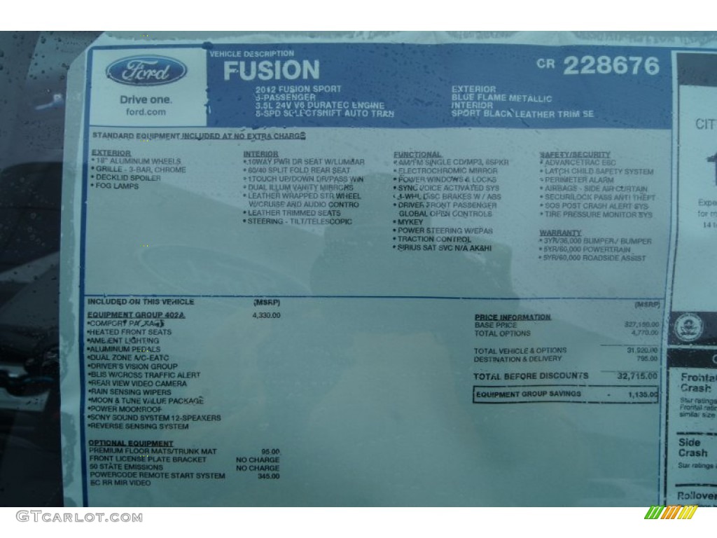 2012 Ford Fusion Sport Window Sticker Photo #57536260
