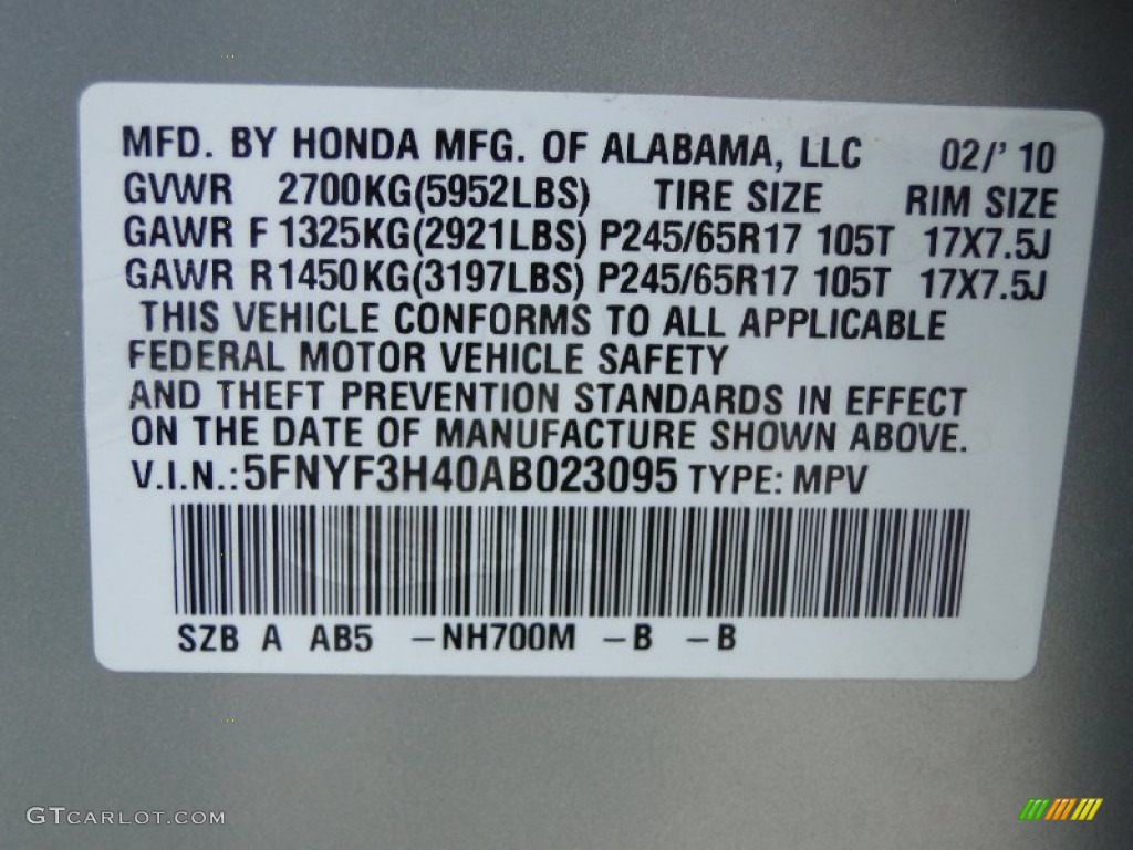 2010 Honda Pilot EX Color Code Photos