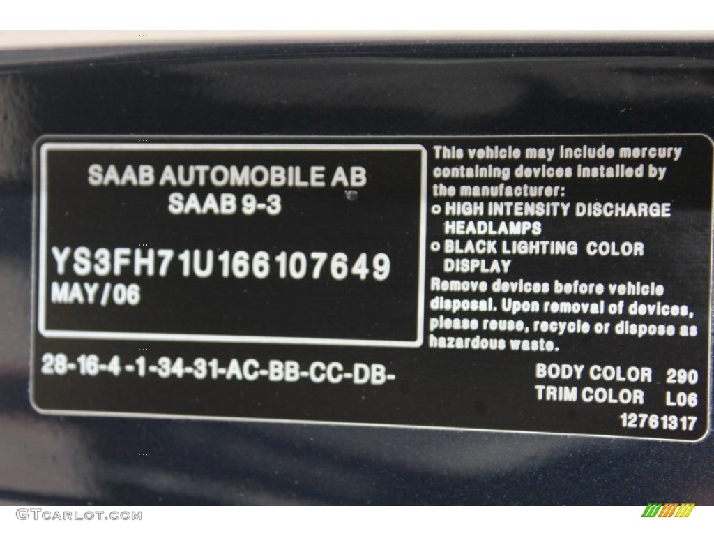 2006 Saab 9-3 Aero Convertible Info Tag Photos