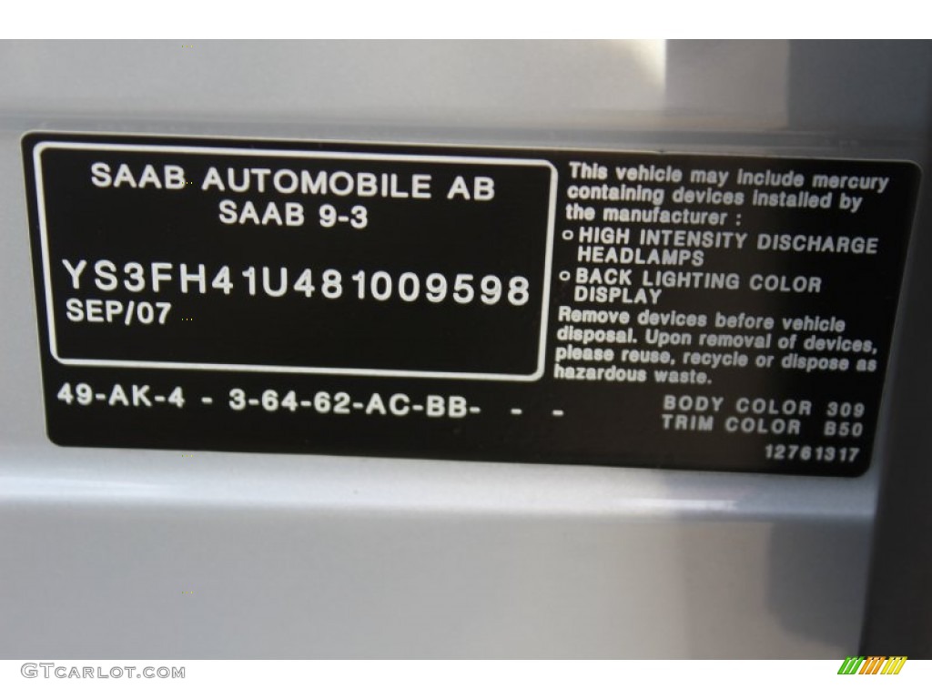 2008 Saab 9-3 Aero Sport Sedan Color Code Photos