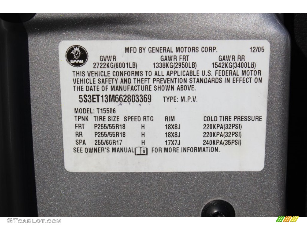 2006 Saab 9-7X 5.3i Info Tag Photos