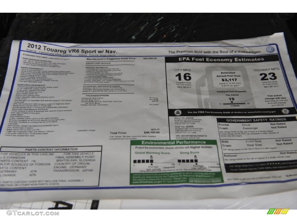 2012 Volkswagen Touareg VR6 FSI Sport 4XMotion Window Sticker Photo #57552788