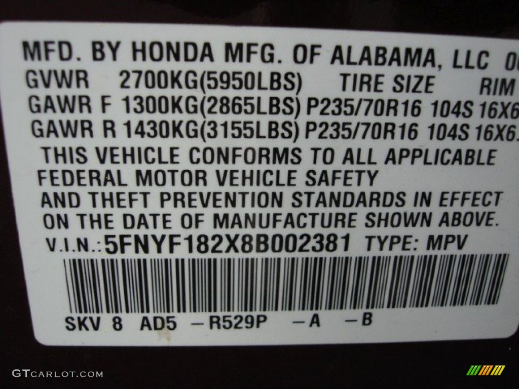 2008 Pilot Color Code R529P for Dark Cherry Pearl Photo #57555611
