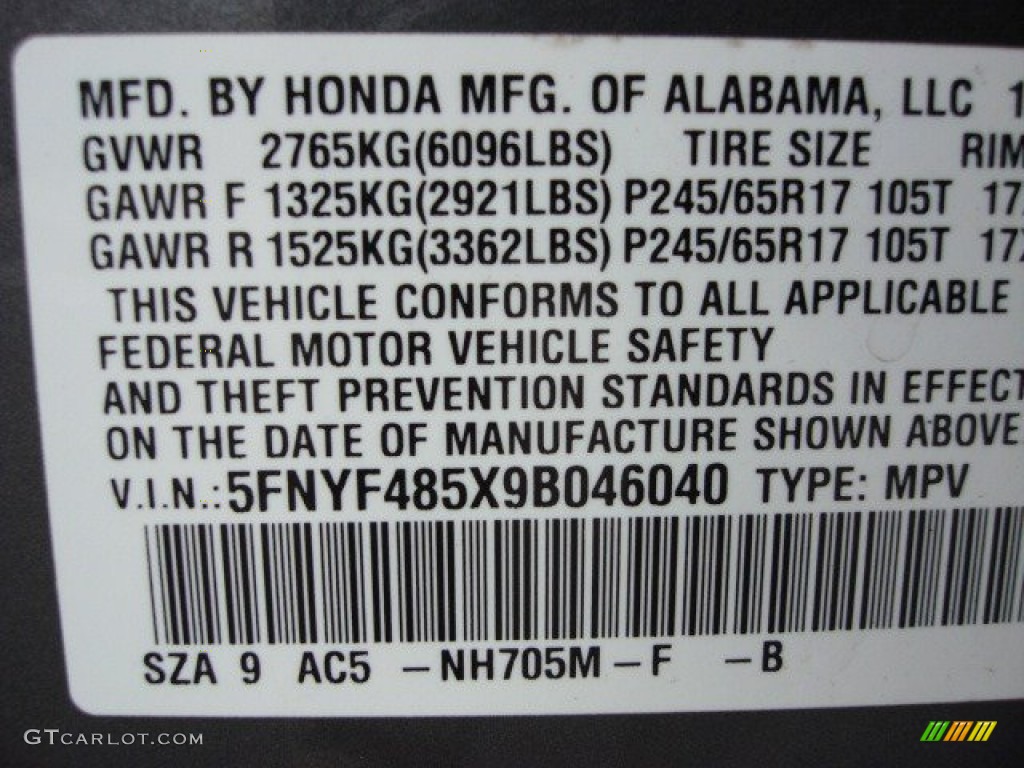 2009 Pilot Color Code NH705M for Nimbus Gray Metallic Photo #57555872