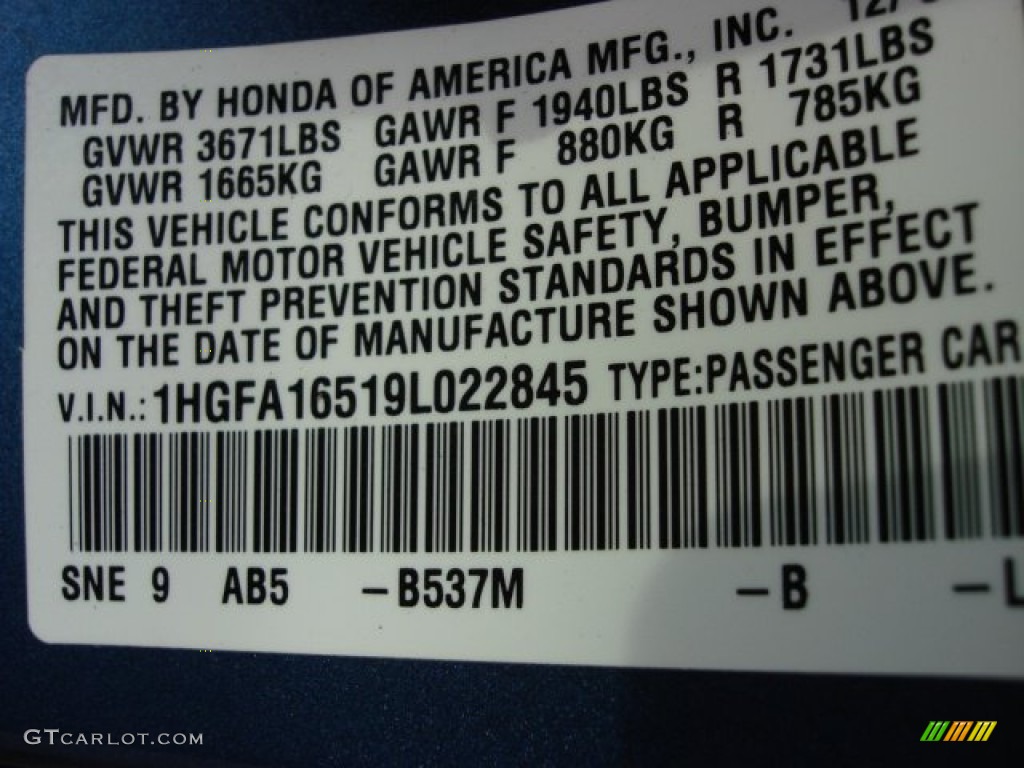 2009 Civic Color Code B537M for Atomic Blue Metallic Photo #57556070