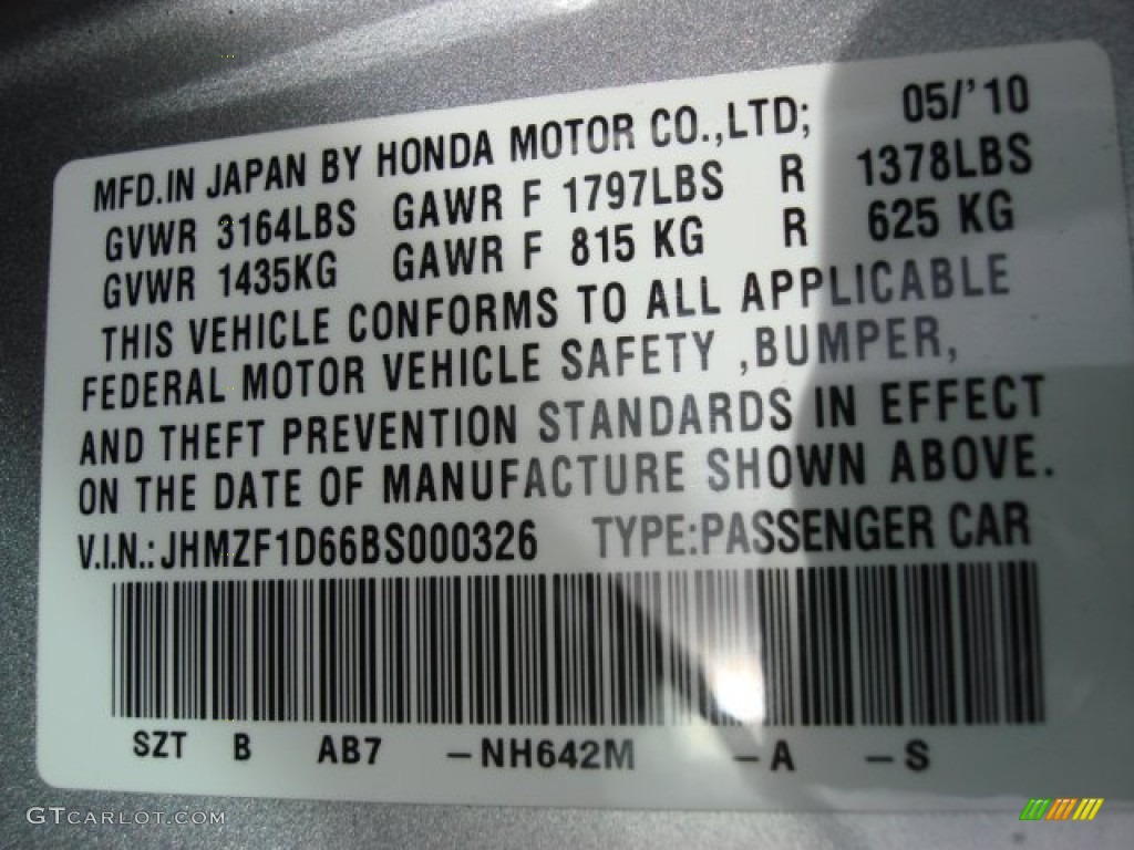 2011 Honda CR-Z EX Navigation Sport Hybrid Color Code Photos