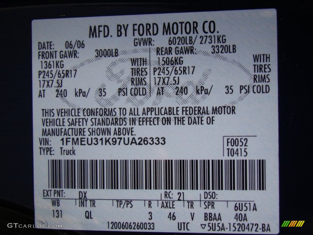 2007 Explorer Sport Trac Color Code DX for Dark Blue Pearl Metallic Photo #57604453