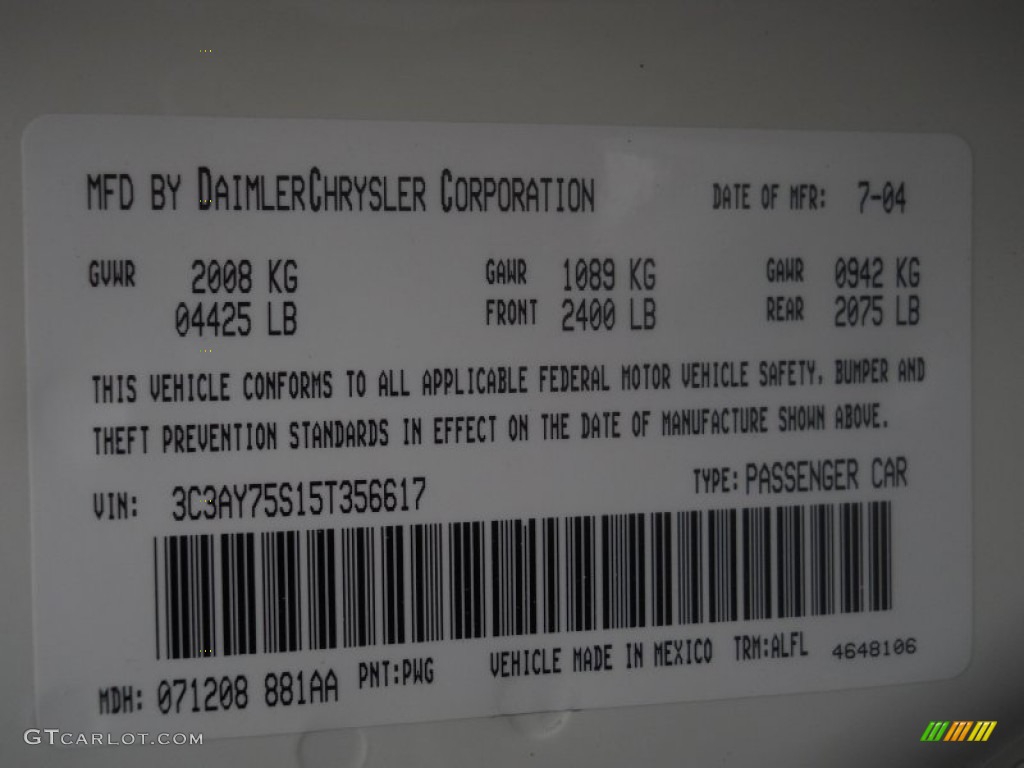 2005 PT Cruiser Color Code PWG for Cool Vanilla White Photo #57604838