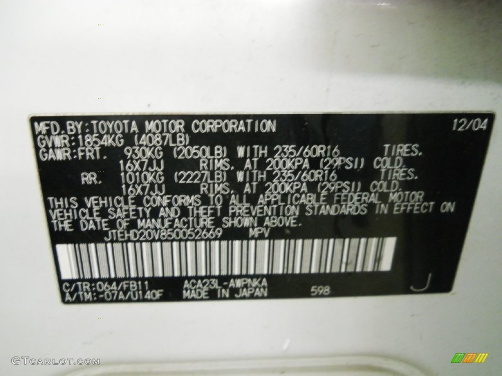 2005 RAV4 Color Code 064 for Frosted White Pearl Photo #57605084