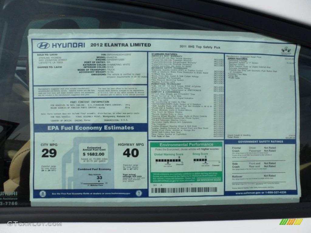 2012 Elantra Limited - Shimmering White / Beige photo #37