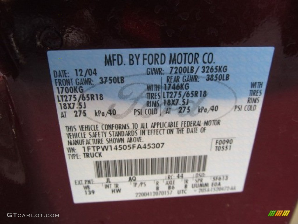 2005 F150 Color Code JL for Dark Toreador Red Metallic Photo #57615493