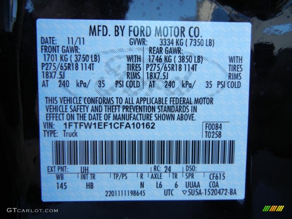 2012 F150 Color Code UH for Tuxedo Black Metallic Photo #57637369