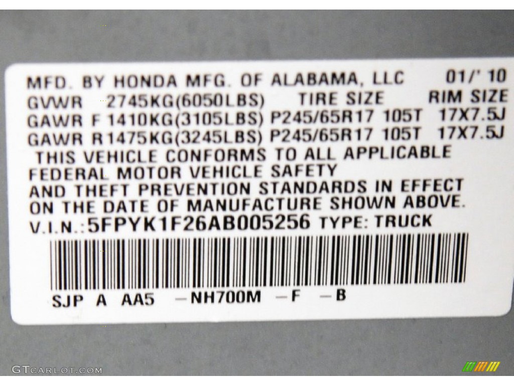 2010 Ridgeline Color Code NH700M for Alabaster Silver Metallic Photo #57642277