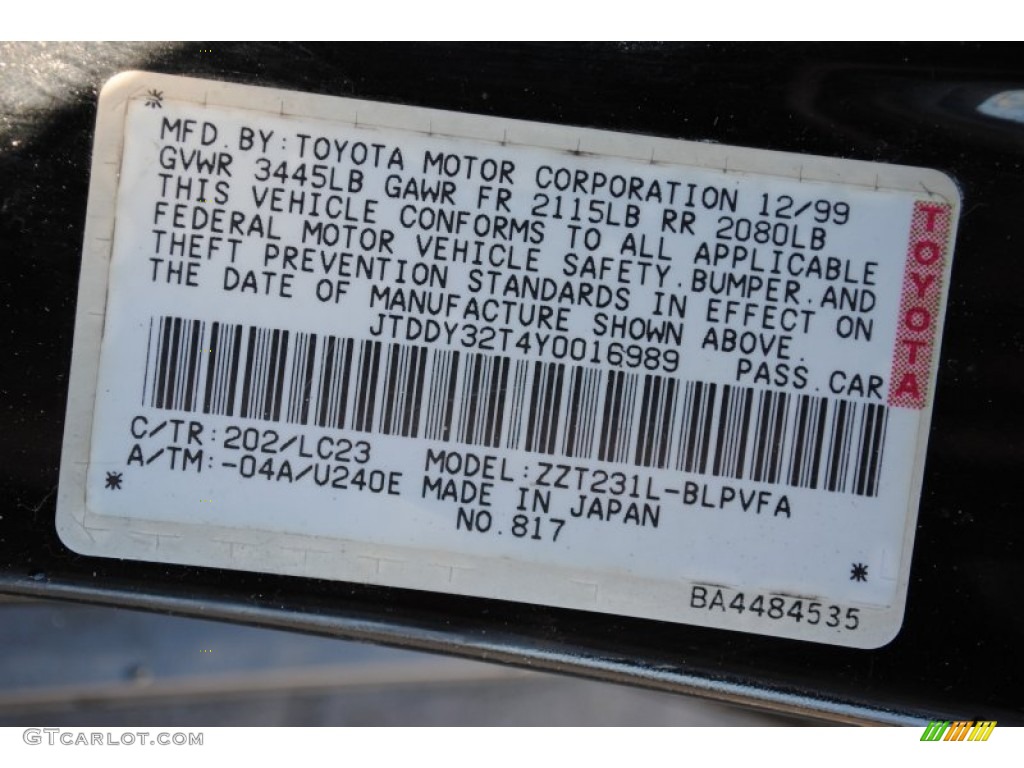 2000 Celica Color Code 202 for Black Photo #57650605