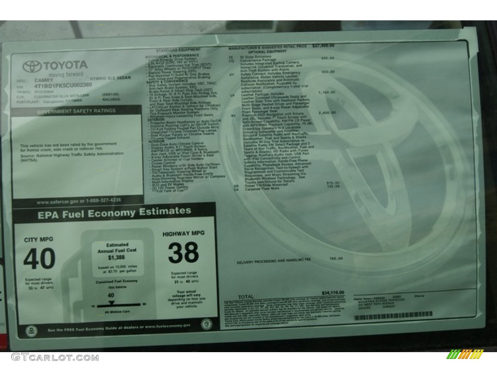 2012 Toyota Camry Hybrid XLE Window Sticker Photo #57666802