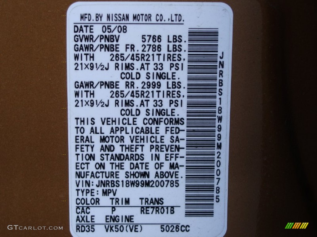 2009 Infiniti FX 50 AWD S Color Code Photos