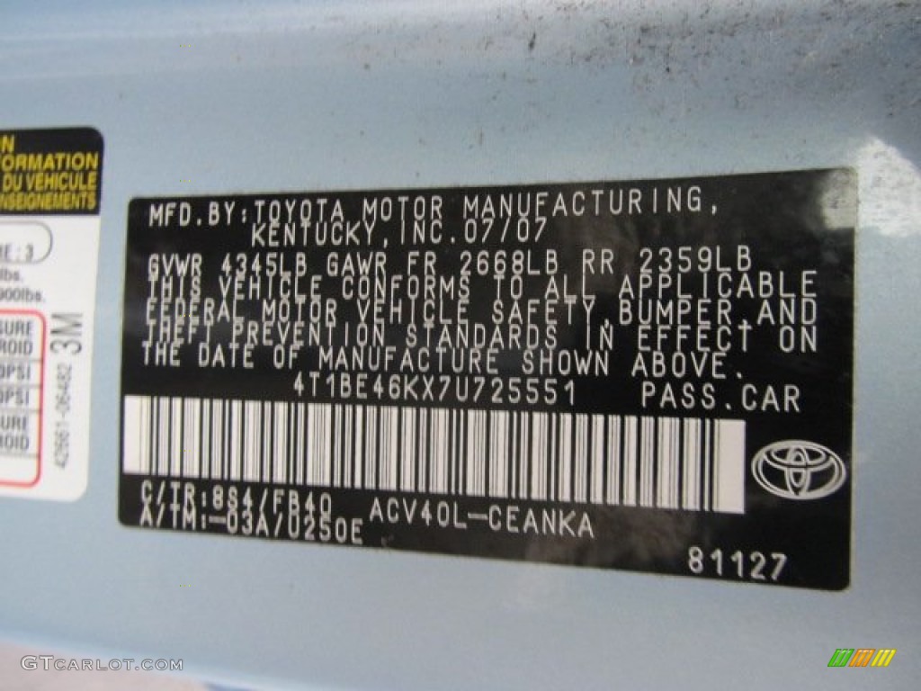 2007 Camry Color Code 8S4 for Sky Blue Pearl Photo #57676160