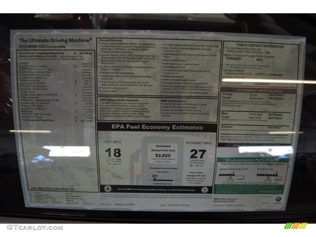 2012 BMW 1 Series 128i Convertible Window Sticker Photo #57679421