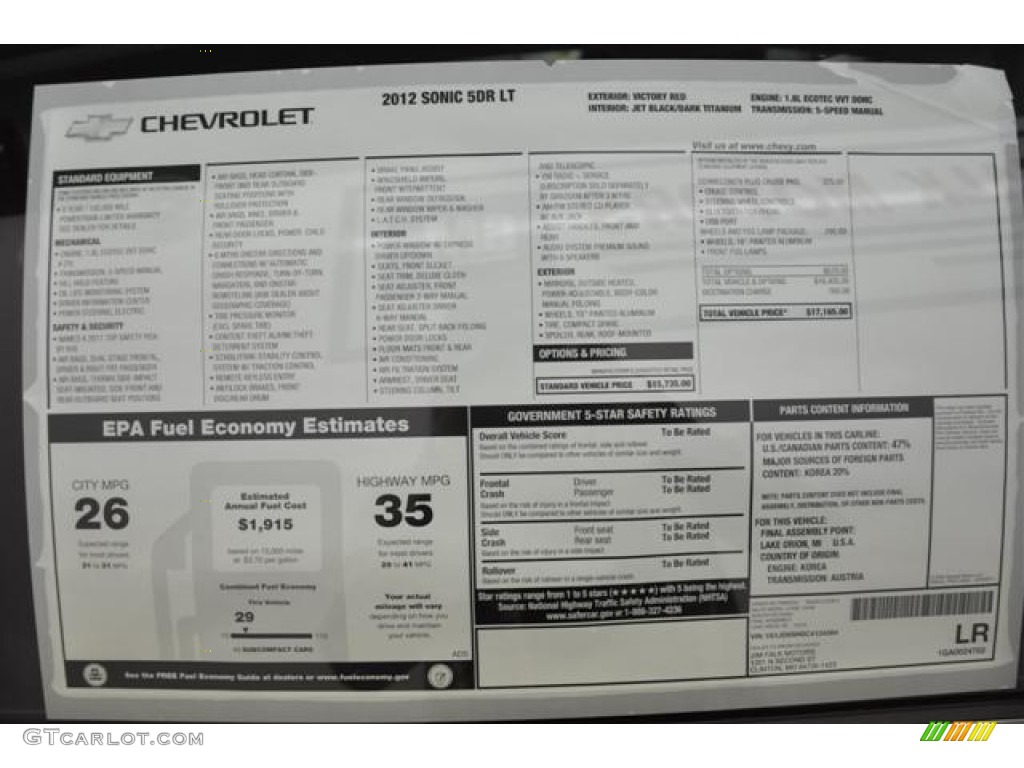 2012 Chevrolet Sonic LT Hatch Window Sticker Photo #57679499