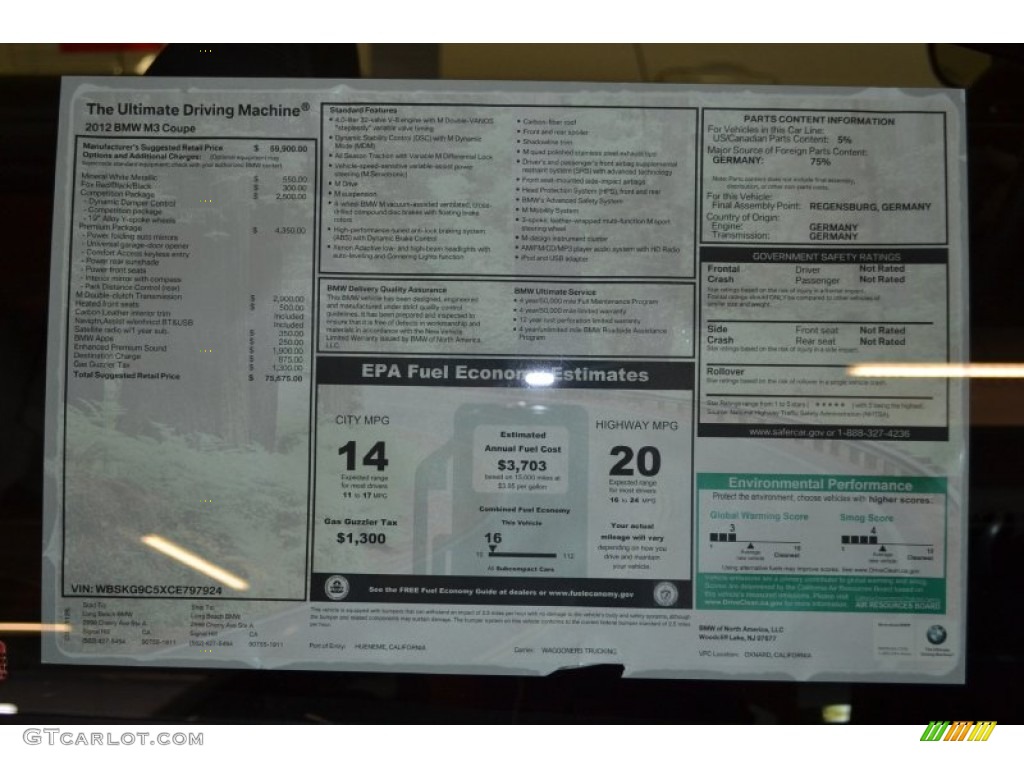 2012 BMW M3 Coupe Window Sticker Photo #57679508