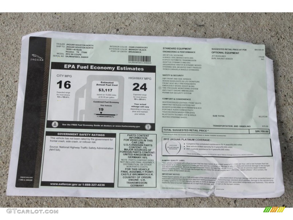 2012 Jaguar XK XK Coupe Window Sticker Photo #57682310