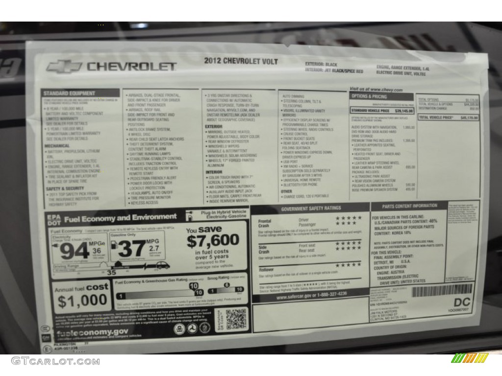 2012 Chevrolet Volt Hatchback Window Sticker Photo #57686756