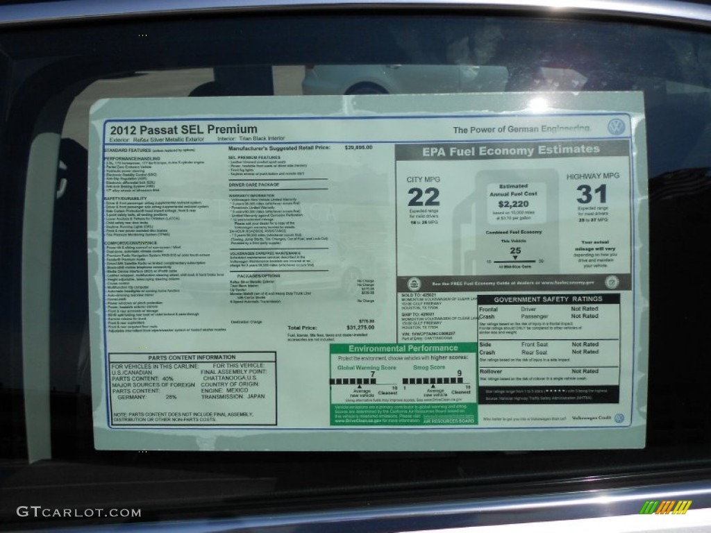 2012 Volkswagen Passat 2.5L SEL Window Sticker Photo #57692828